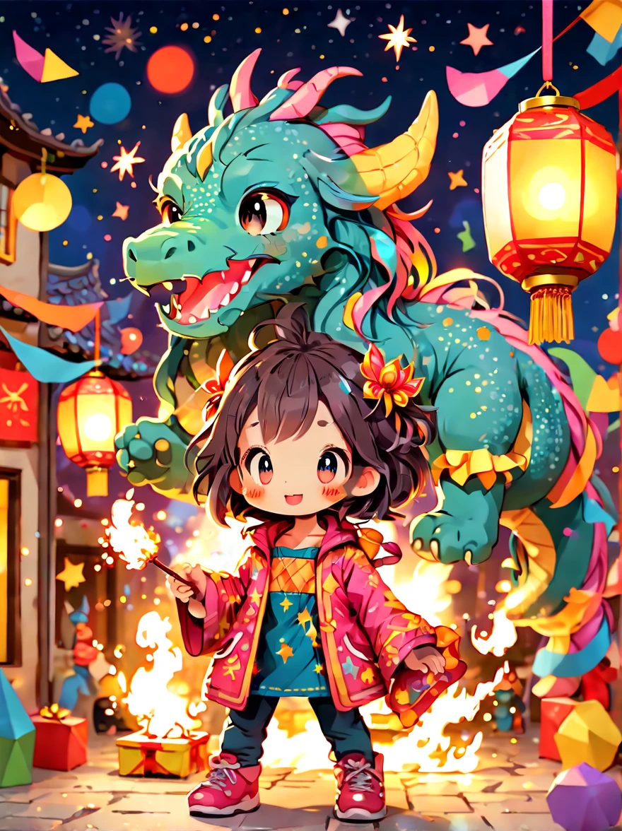 Cute graffiti, (((Vector illustration style)))，vivd colour, magical ambiance, Whimsical, Sparkling, (Fantasy 2024 Year of the Dragon), Beautiful town celebrates New Year&#39;s Day New Year&#39;s countdown，new year 2024，(Colorful lanterns and decorations)，(children playing and dancing)，(Huge countdown clock with gorgeous patternireworks in the night sky))，Performer juggling ribbons，Colorful lanterns and decorations，Performer juggling colorful ribbons，Gorgeous temple，Incense，offering offerings，People make wishes and pray，Calm lake lit with candleeautiful reflection of fireworks and lanterns，a joyful atmosphere，（best qualtiy，8k，A high resolution，tmasterpiece，ultra - detailed，UHD，hyperdetailed painting，Sharp focus，physically-based renderingt，extreme detail description，professinal，vivd colour，bokeh）