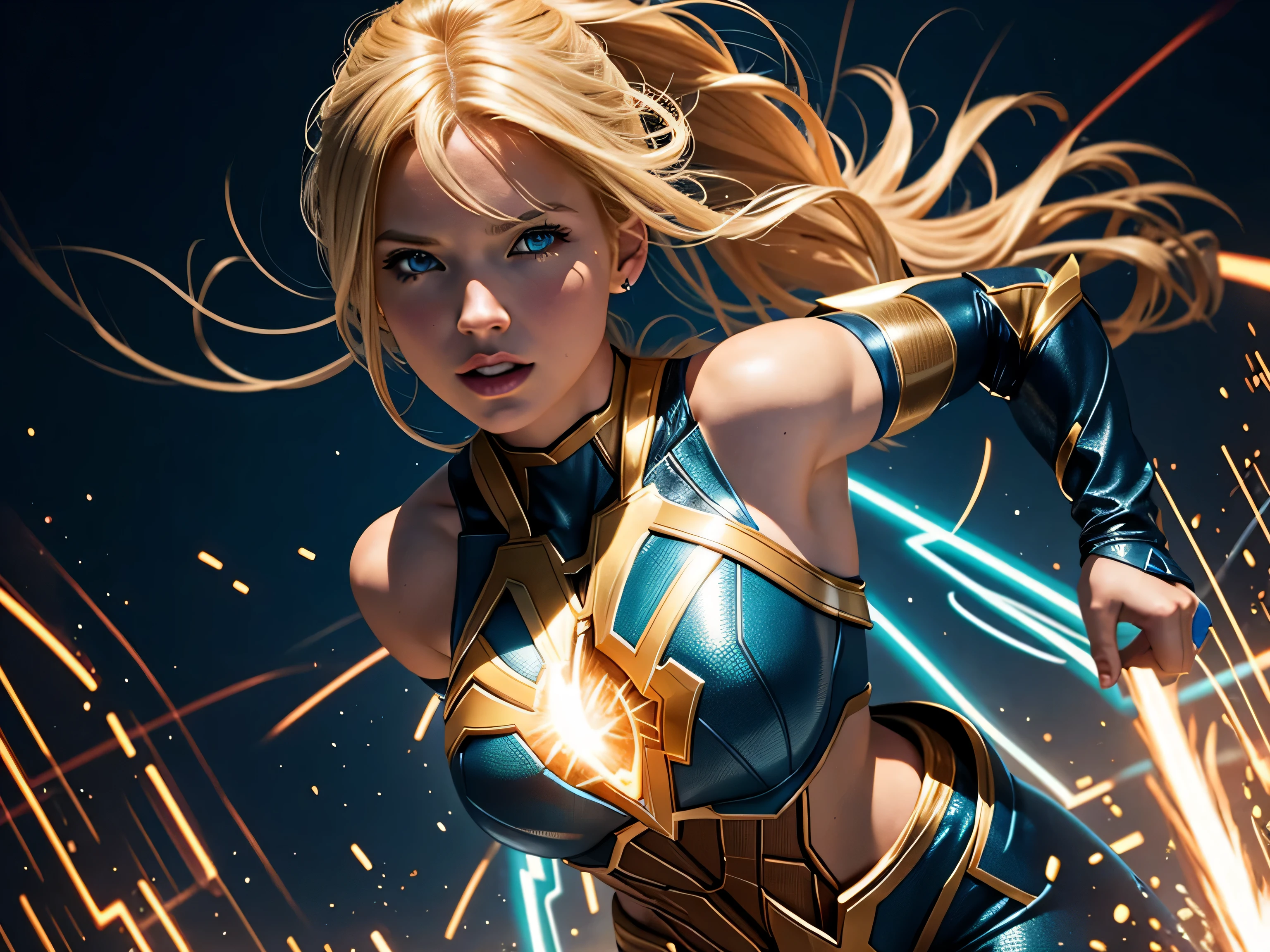 Generate an image of a young, blonde American woman undergoing a transformation into a superheroine. Portray her charging energy through a generator, emphasizing the powerful aura surrounding her. Capture the dynamic moment of metamorphosis, highlighting both her natural beauty and the emergence of super heroic features as she harnesses energy for her newfound abilities, realistic style, hyper realistic