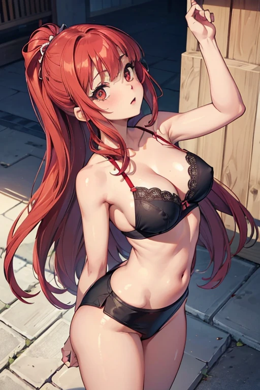 woman, age 27, round face, seductive expression, narrow eyes, red eye color, short hair, red hair color, large breasts, raised breasts, arms under the breasts, thin waist (a little fat) big ass, wide ass, legs large, wide legs, standing position, side-facing position, Bottom-up view (camera from bottom to top), (legs a little apart) thin bra, bra covering only the nipples of the breasts, black bra, short skirt, skirt doesn't cover the butt ((extremely short skirt)) (butt exposed), naked under the skirt ((naked under the skirt)), (red skirt), room location.