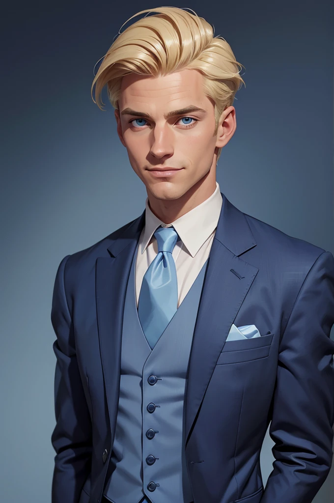 The image is a digital portrait of a man with blond hair and fair skin, wearing a finely detailed grey suit paired with a light blue shirt and a blue tie. His appearance suggests meticulous grooming, from his hairstyle to his teeth, exuding a polished and refined look. He is depicted with a slight smile and attentive eyes, focusing slightly to the left of the viewer, which lends him an approachable yet sharp demeanor. The man appears ready for a significant event, indicated by the smart attire that includes a pocket handkerchief, and the background is a deep sea blue which harmonizes with his tie and overall color palette. The portrait conveys an air of quiet elegance and professionalism.