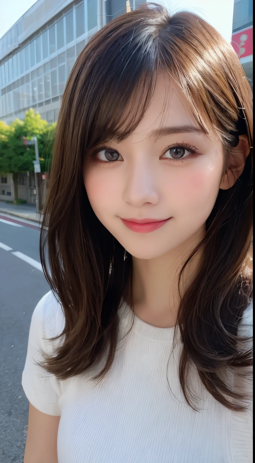 masutepiece, Best Quality, Illustration, Ultra-detailed, finely detail, hight resolution, 8K Wallpaper, Perfect dynamic composition, Beautiful detailed eyes, doress,Medium Hair, Natural Color Lip, Random and sexy poses,Smile,Aoyama Street Walk、summer clothing、20 years girl