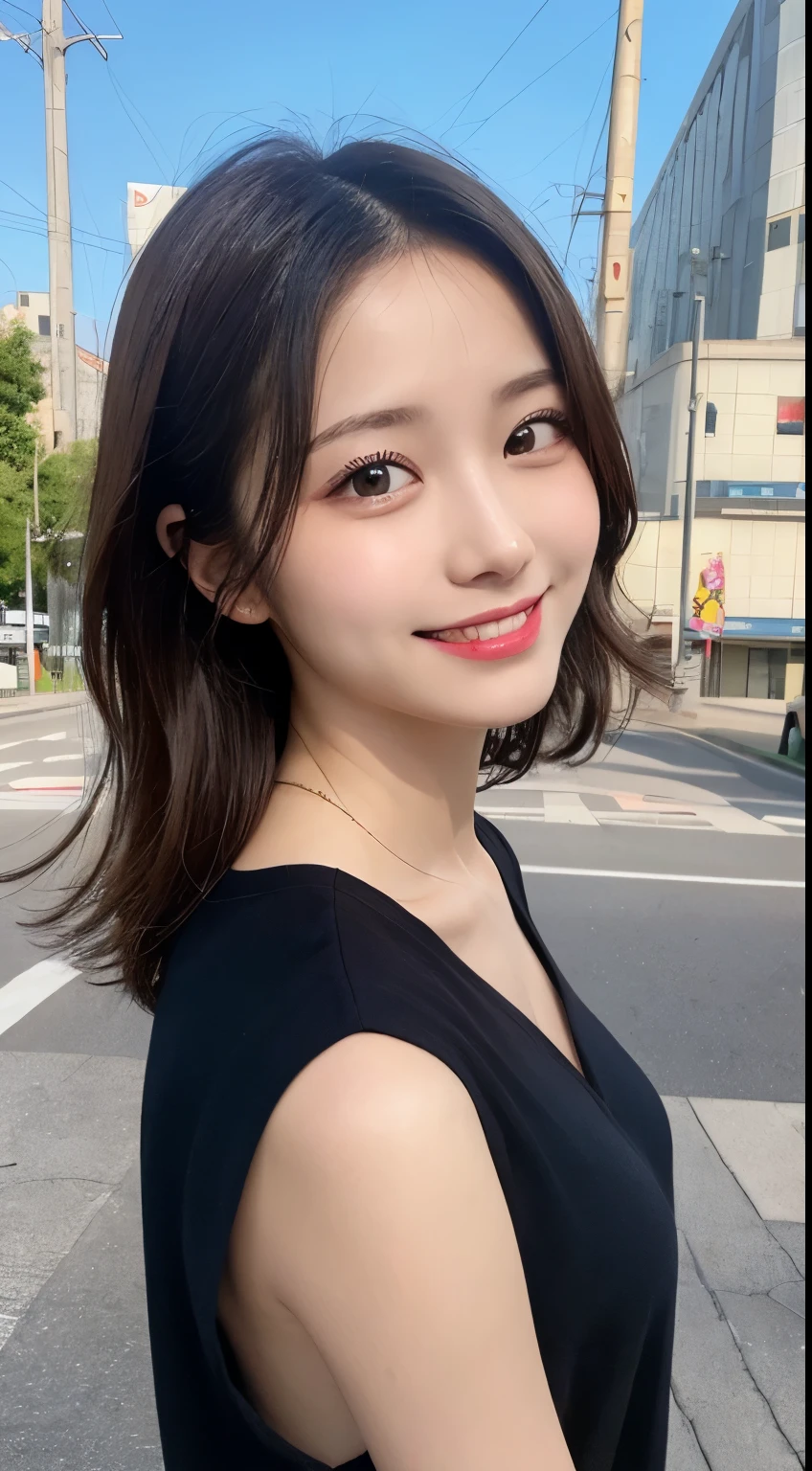 masutepiece, Best Quality, Illustration, Ultra-detailed, finely detail, hight resolution, 8K Wallpaper, Perfect dynamic composition, Beautiful detailed eyes, doress,Medium Hair,  Natural Color Lip, Random and sexy poses,Smile,Aoyama Street Walk、summer clothing、20 years girl