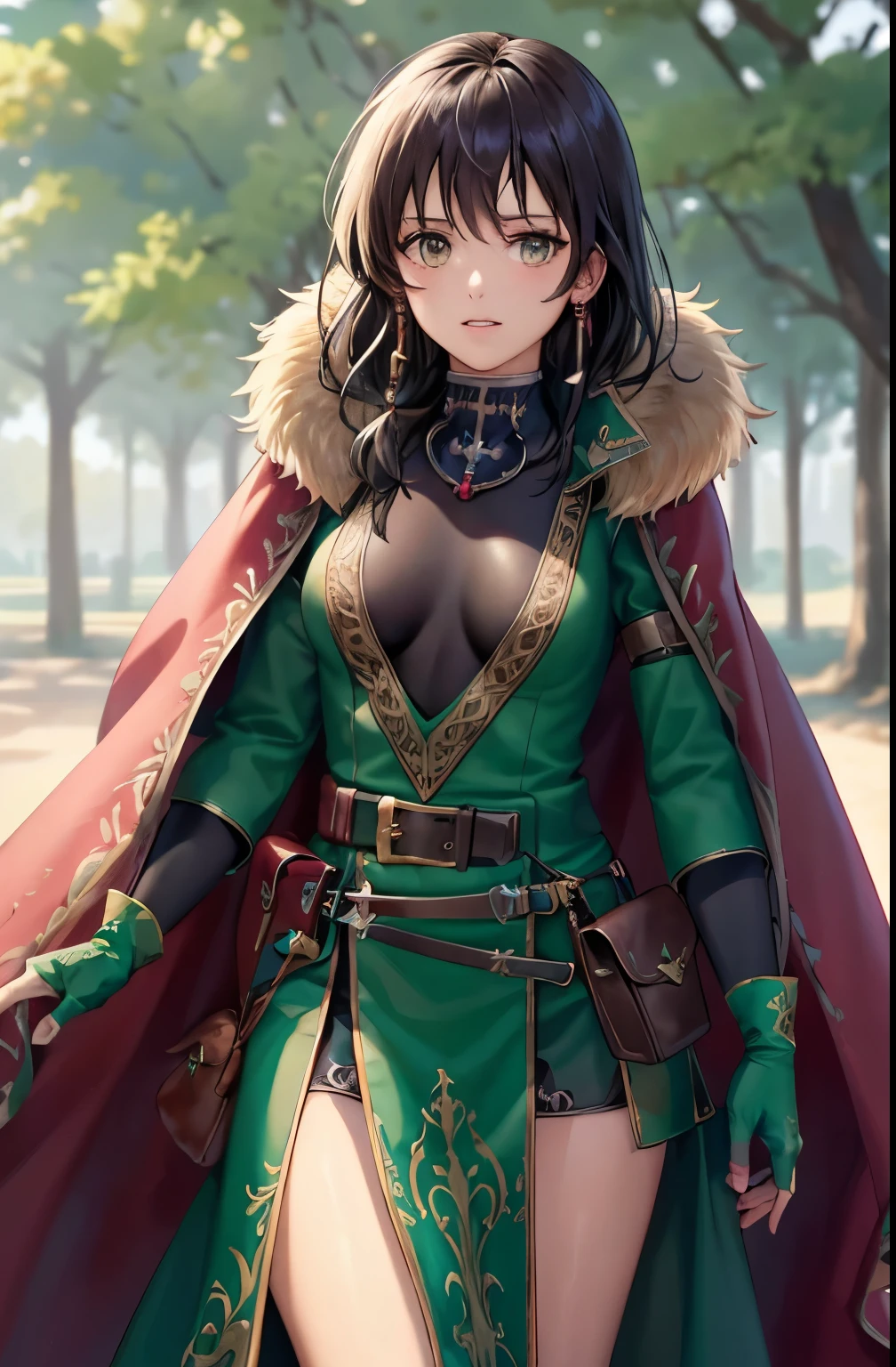 Cowboy shot,feet out of frame,asc_mareeta, jewelry, belt, red cape, earrings,looking at viewer, green fingerless gloves, fur trim, gloves, medium breasts,belt pouch, pouch, green dress, long sleeves, pelvic curtain, green gloves, outdoors,(masterpiece, best quality, ultra-detailed, best shadow)