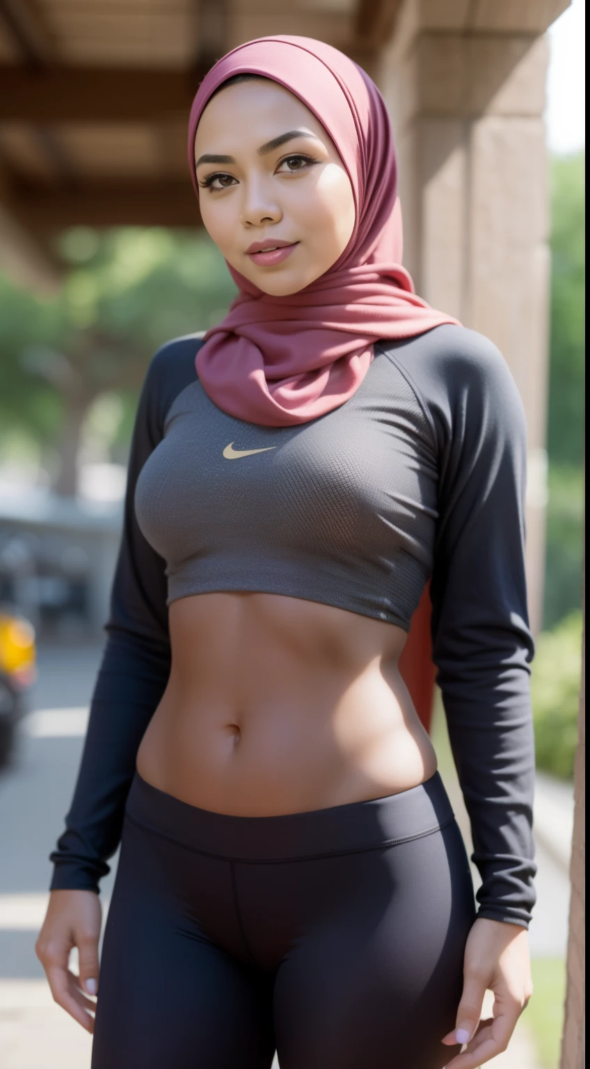 Malay girl in hijab wear shirt and high waist leggings in gym, seating, wear back pack, front view, detail skin, detail skin texture, mole below eyes, small breast, big hip, big waist, big thigh, slim abs, beautiful body, evening, laughing, happy, bright lighting, blur background, bokeh.hyper realistic picture. super realistic picture. 8k hd photo