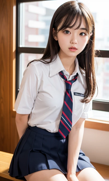 ulzzang-6500-v1.1, (Raw photo:1.2), (Photorealistic:1.4), Beautiful detailed girl, Very detailed eyes and face, Beautiful detailed eyes, Ridiculous, Incredibly ridiculous, Huge file size, Ultra detailed, High Definition, Very detailed, Best quality, Masterpiece, Kemomimi, ((Japan Girls' High School Uniform)), Illustration, Very detailed, CG, unity, 8k wallpaper, fantastic, fine details, masterpiece, best quality, highly detailed cg uniform 8k wallpaper, light on face, movie lighting, 16 year old girl, (dynamic pose))), (sitting legs bending the knees)), cute, short skirt, cute schoolgirl, Japan schoolgirl wearing uniform, surreal schoolgirl, 1 girl, holding a skirt, skirt flipping, Skirt rolling, at school, in school