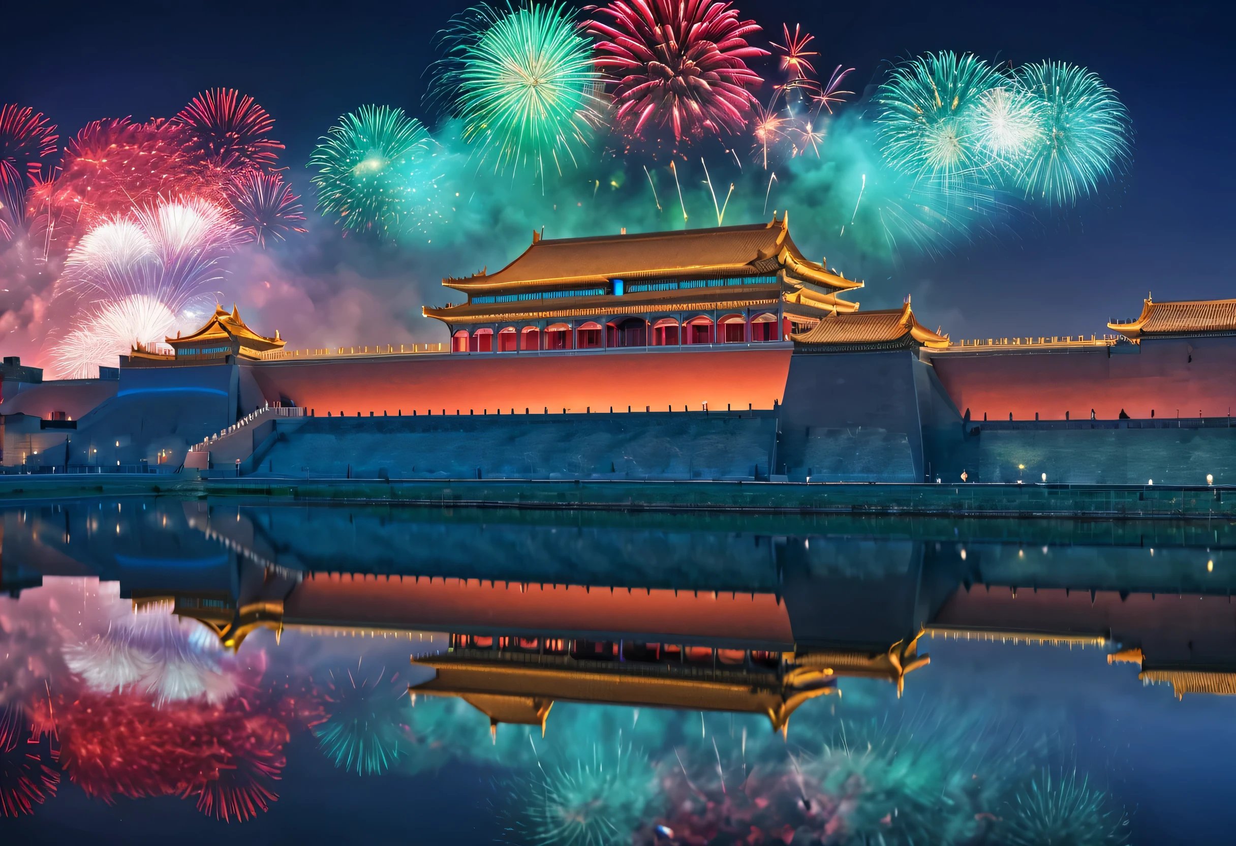 The ornate Forbidden City walls,A huge LED screen on the city wall is projecting《Qingming upper river map》,Background with:Fireworks Fireworks Fireworks Night,red and turquoise green,partial reflection