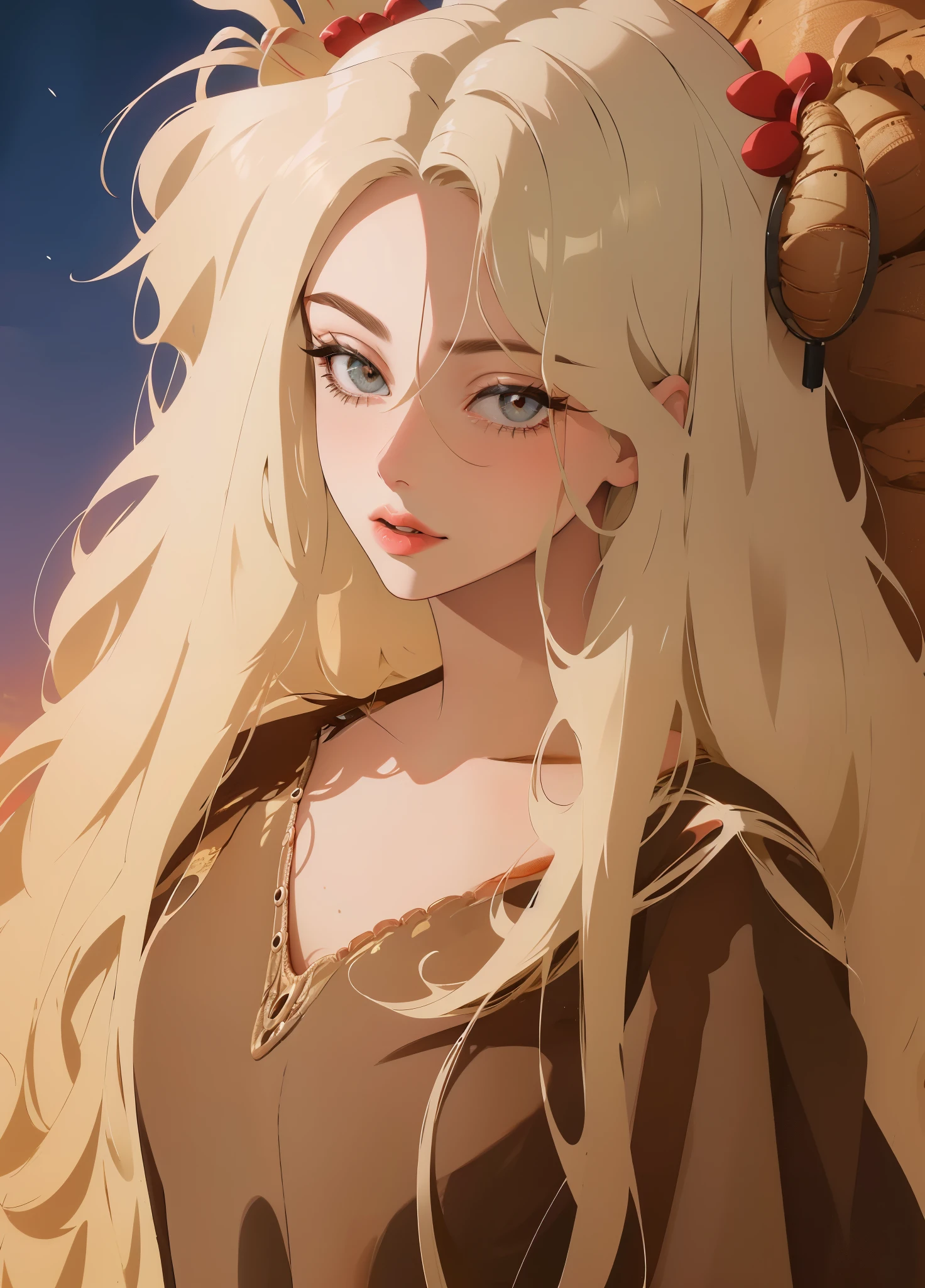 A woman who is, Alone, The upper part of the body, (Random:1.3), layered hair, Platinum blonde hair, hazel eyes, lush lips, , Nice dress, Desert landscape with cacti under moonlight, (tmasterpiece, Best quality at best, detailed:1.3), The beautiful