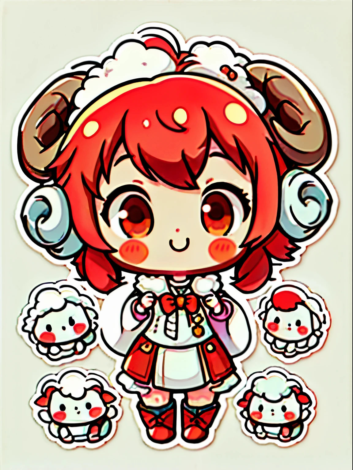 plastican00d、 white background、masutepiece, of the highest quality, isometric, beatiful detailed eyes、cowboy shot、(Cute cheerful character girl of the year、Chibi、Sheep horns on the head、Red hair、White fluffy dresullllbody)、
