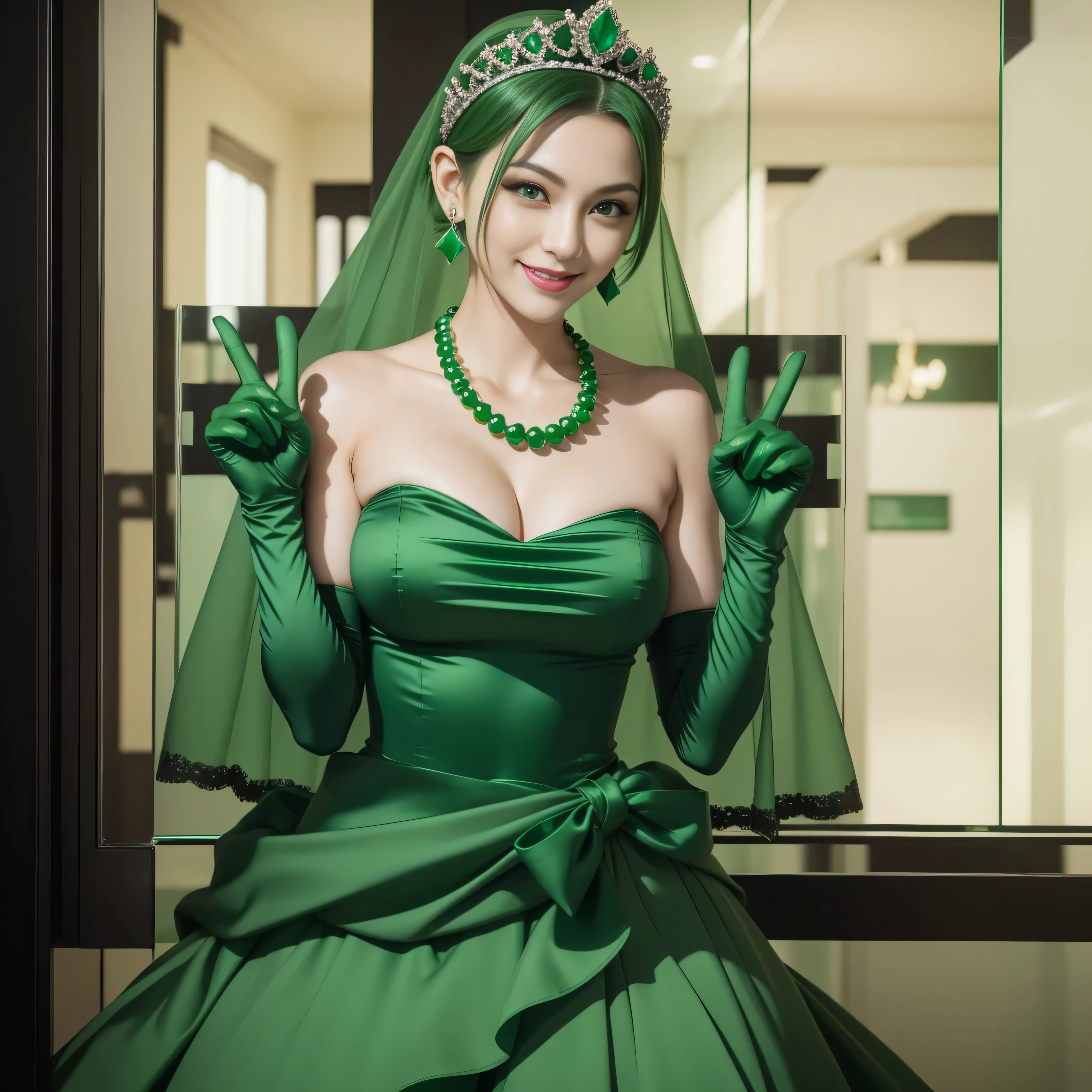 emerald tiara, Green Pearl Necklace, Boyish very short green hair, lipsticks, Japan woman smiling, very short short hair, big breasts beautiful, Green eyes, Long green gloves made of satin material, Green eyes, Emerald Earrings, green vale, v sign