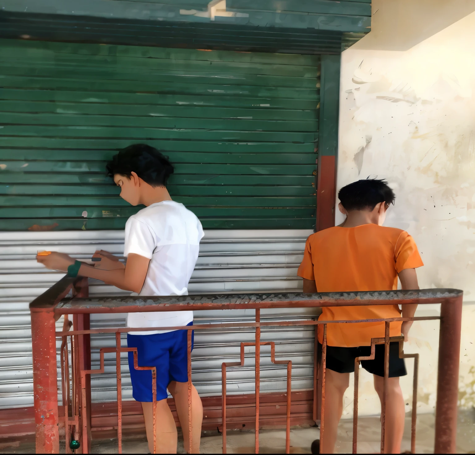 edit this photo to make it look like the boy in white is fixing a clock and the boy in orange is an old man fixing toys whilst the background is of train station walls and we are toy makers in a vintage old way