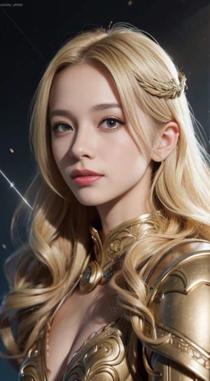 Close-up head, facing camera, Realistic digital painting portrait of female human being, 3R1NM0R1ART72, cute smiling, (Wavy hair:1.1), (Blonde hair:1.3), Magical Yellow Universe, White magic cloth armor with yellow engraved on intricate details, (Abstract, Background with:1.2), (light particles:1.1), (Very detailed skin:1.2), (game concept:1.3), (Elden Ring Style:1.3), (arcane style:0.8), (Depth of field:1.3), Global Illumination, Hoang Lap과 Fuji Hoko, Artgerm, Greg Rutkowski, Works by Viktoria Gavrilenko