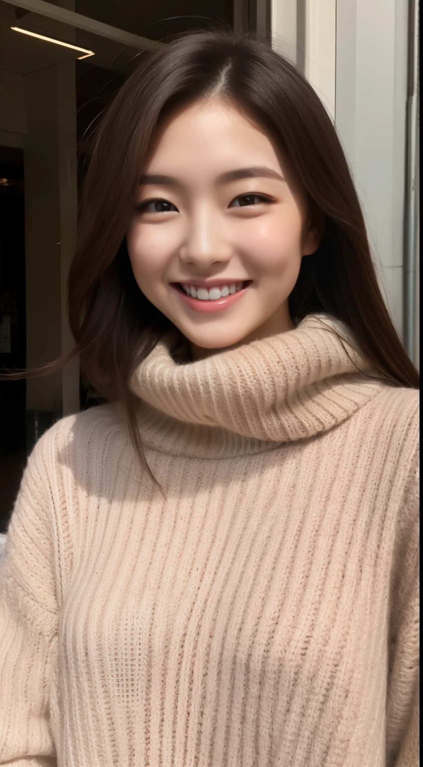 The face of a hostess、turtleneck wool sweater、hiquality、A hyper-realistic、healthy、Smiling expression、Slender perfect figure、japanese beautiful woman、 perfect  eyes、Beautiful skin、The upper part of the body、Downtown in winter
