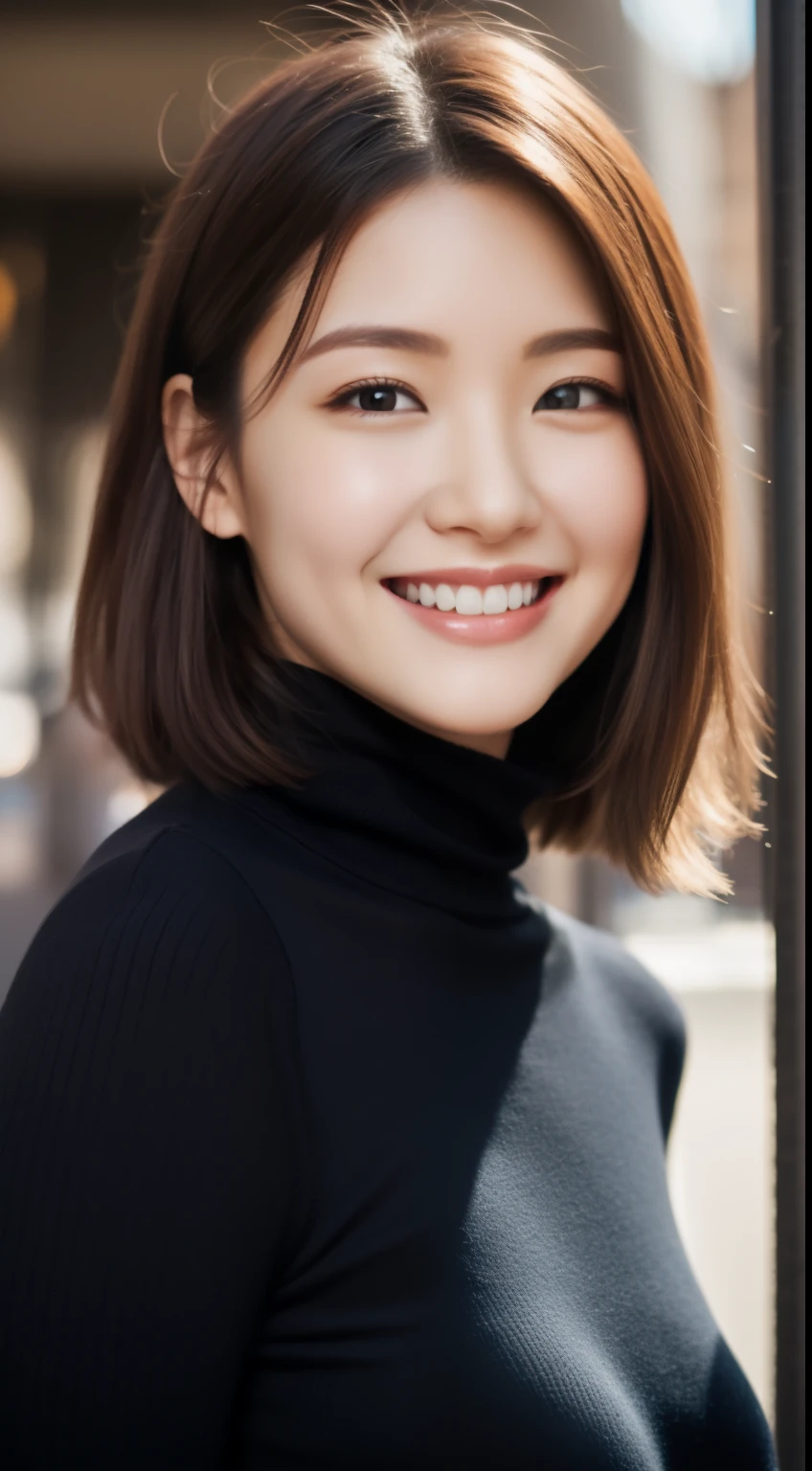 The face of a hostess、turtleneck wool sweater、hiquality、A hyper-realistic、healthy、Smiling expression、Slender perfect figure、japanese beautiful woman、 perfect eyes、Beautiful skin、The upper part of the body、Downtown in winter