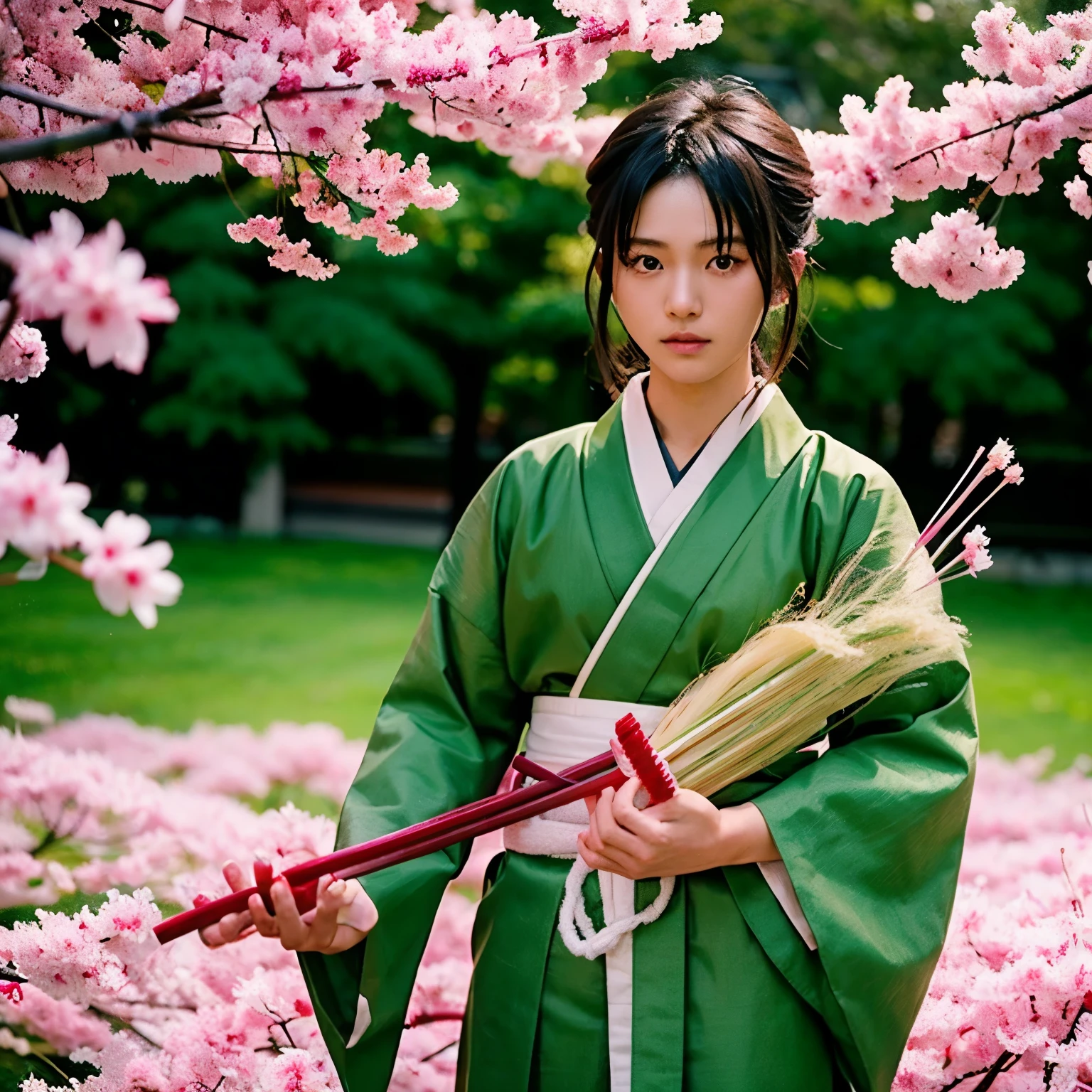 a young japanese ronin，Two-dimensional style，Wearing light green and white haori，A piece of grass hanging from the mouth，Holding a katana in his arms，Cherry blossoms falling next to me