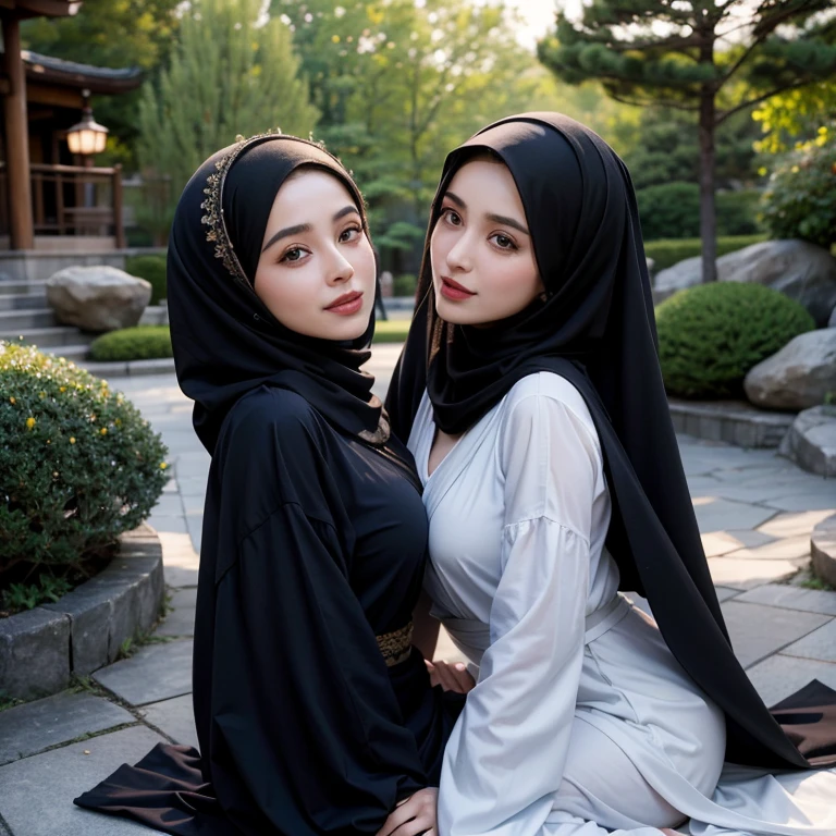 8K, absurdres, detailed face, 3/4 view, POV, a beautiful muslimah woman named mira with medium breasts is wearing chador and transparent abaya is kissing her attractive girlfriend named filzah with big breasts wearing shawl, pressing mira's hand on filzah's bosom, tilt her head up, laid in a bedroom, in a japanese garden, photorealistic, masterpiece, highly-detailed, naughty smile