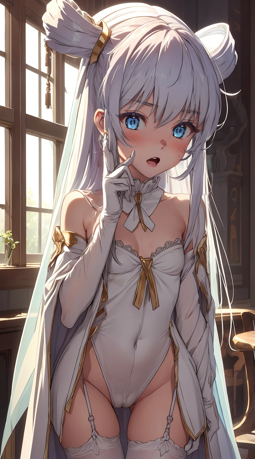 8K, Ultra High Definition, Super detailed, Shiny detailed hair, detailed face, fantasy landscape, solo, looking at viewer, {{best quality}}, {{masterpiece}}, {{ultra-detailed}}, {detailed light}, ultra high quality eyes, detailed eyes, perfect eyes, large eyes, detailed blue eyes, white hair, long hair, adorned hair, beautiful, skinny body, white skin, slutty, erotic, standing in suggestive, in lingerie, lingerie, blushing, open mouth, ahegao, nsfw