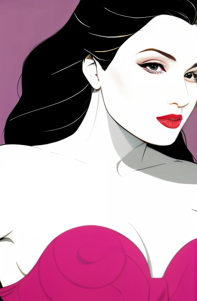 (Masterpiece Art:1.1), (Best Quality), Woman with strapless dress and lipstick, greybackground, Art style by Patrick Nagel, Beautiful, highly detailed painting, (highly detailed slopes), (Detailed face), (Detailed eyes:1.1), (Perfect breasts), modelshoot, Professional Photography, Official art, Synth Wave, 8K, hard disk, High quality, awardwinning, poneyTail, 20yr old, profile,