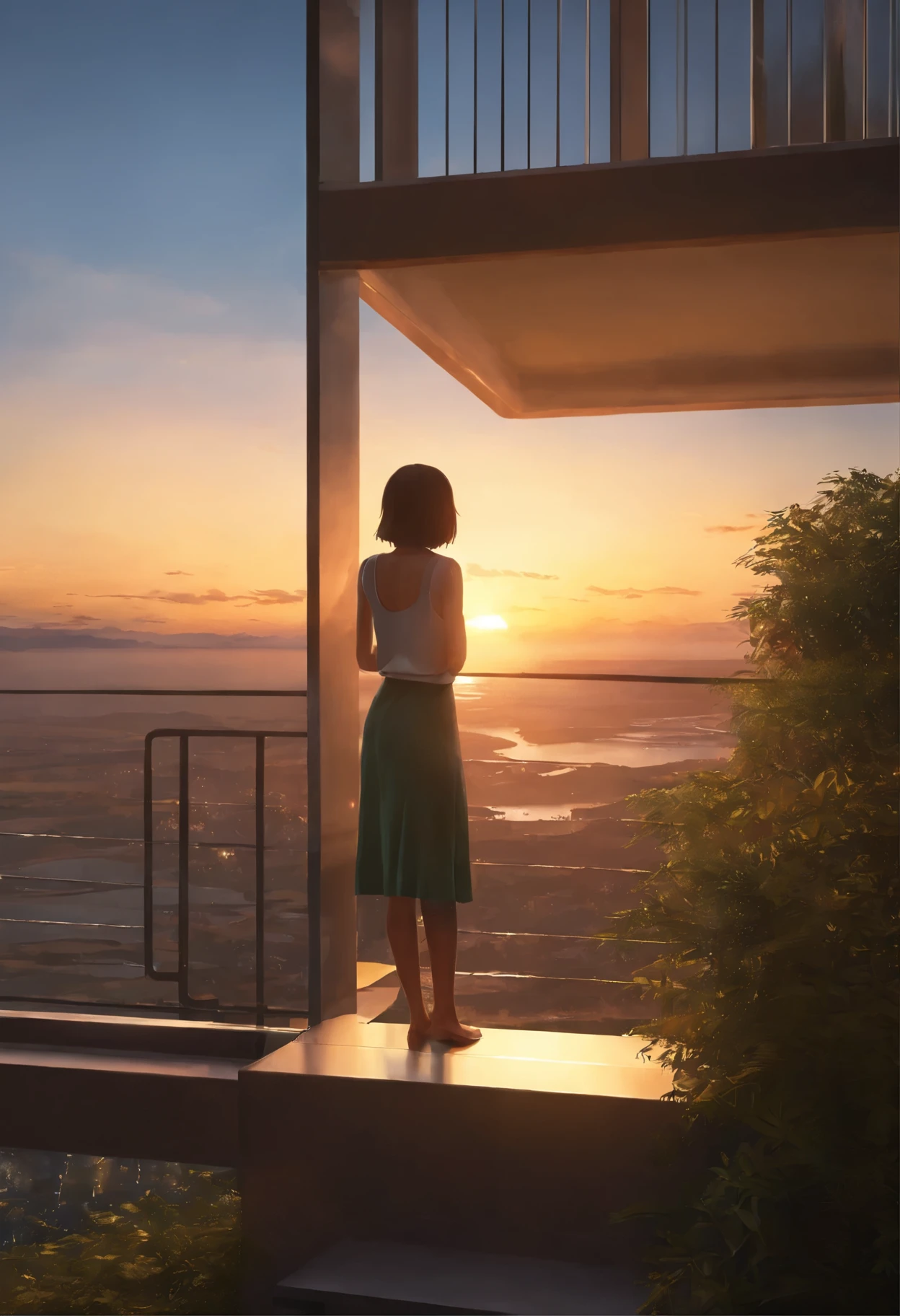 a girl stands on a ledge and looks at the sunset, in style of makoto sinkai, style of makoto sinkai, makoto sinkai style, based on Makoto Shinkai, makoto sinkai. Octane Render, Octane Render. by makoto sinkai, makoto sinkai. high detail, beautiful anime scene