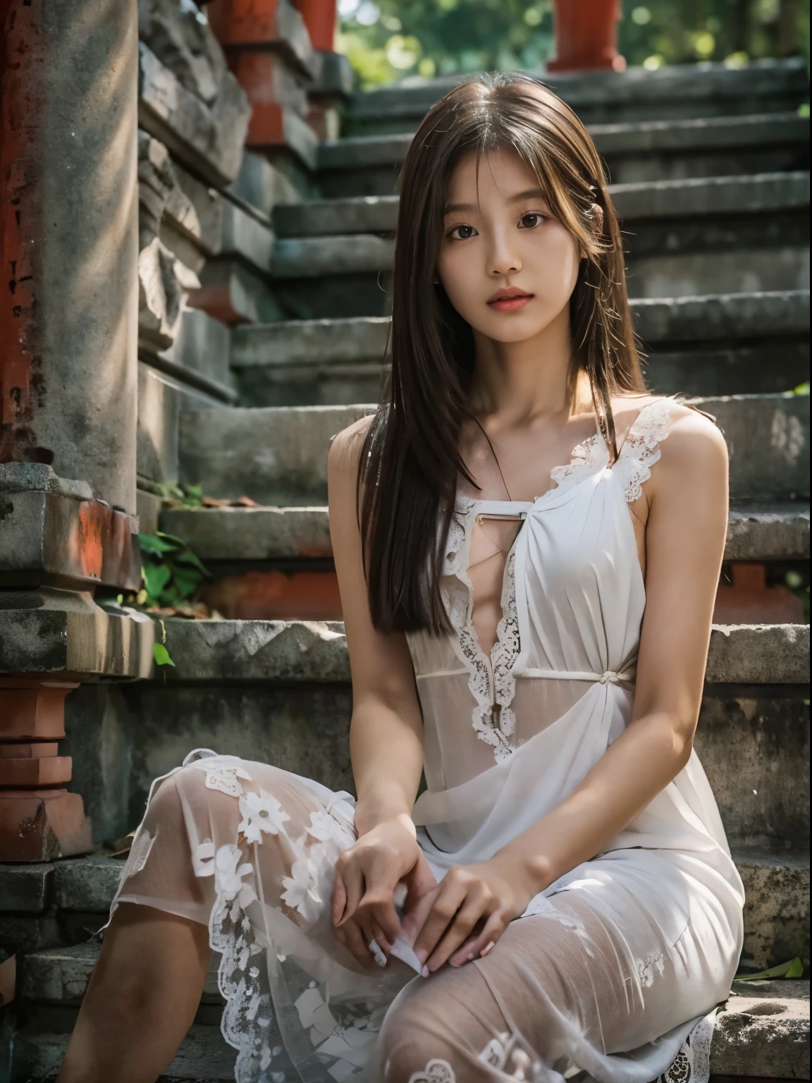 raw photo, 8k, (top-quality), Realistic, (real picture, Intricate details), (natural skin texture, detailed skin, hyper realism, sharpness), (Japanese college girl sitting on stone stairs in abandoned shrine, red torii:1.3), ((wearing white dress over naked, see-through dress:1.3, lace dress, long dress, sleeveless, no panties)), ((straight hair:1.4, One-length hairstyles)), (((Small chest:1.4))), Fair skin, sweaty skin, ((straight hair, One-length hairstyles)), (seductive face, Parted lips), sunset light, Full body shot