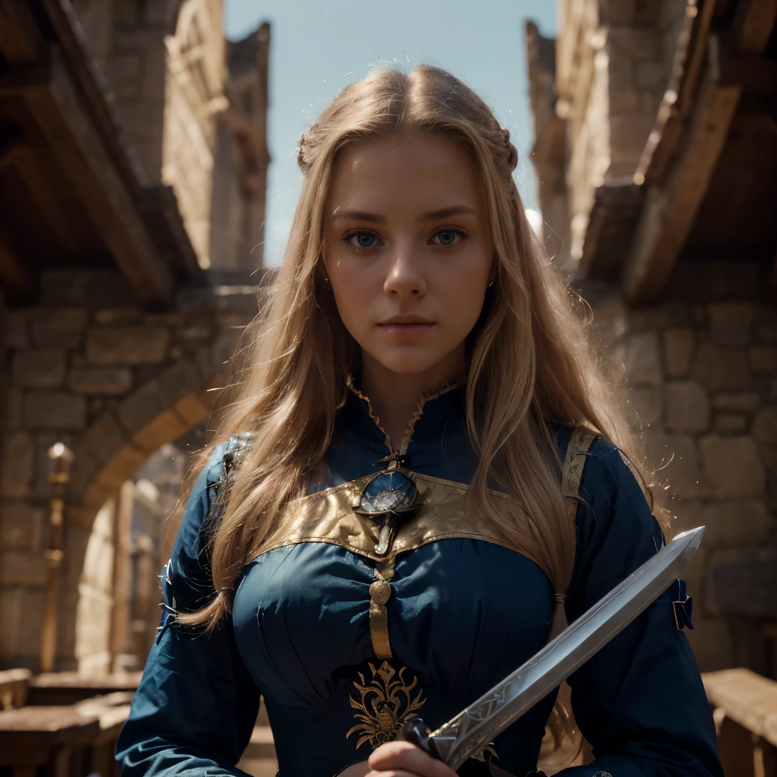 professional, (4k photo:1.1), (Sharp focus:1.3), high detail, realistic, young woman dressed in 16th century clothing, holding a sword, beautiful detailed face, serious, blue eyes, long blonde hair, (attractive young woman:1.3), (blushing:1.1), playful, hourglass body shape, dark cinematic lighting, with village and a large dragon in the background