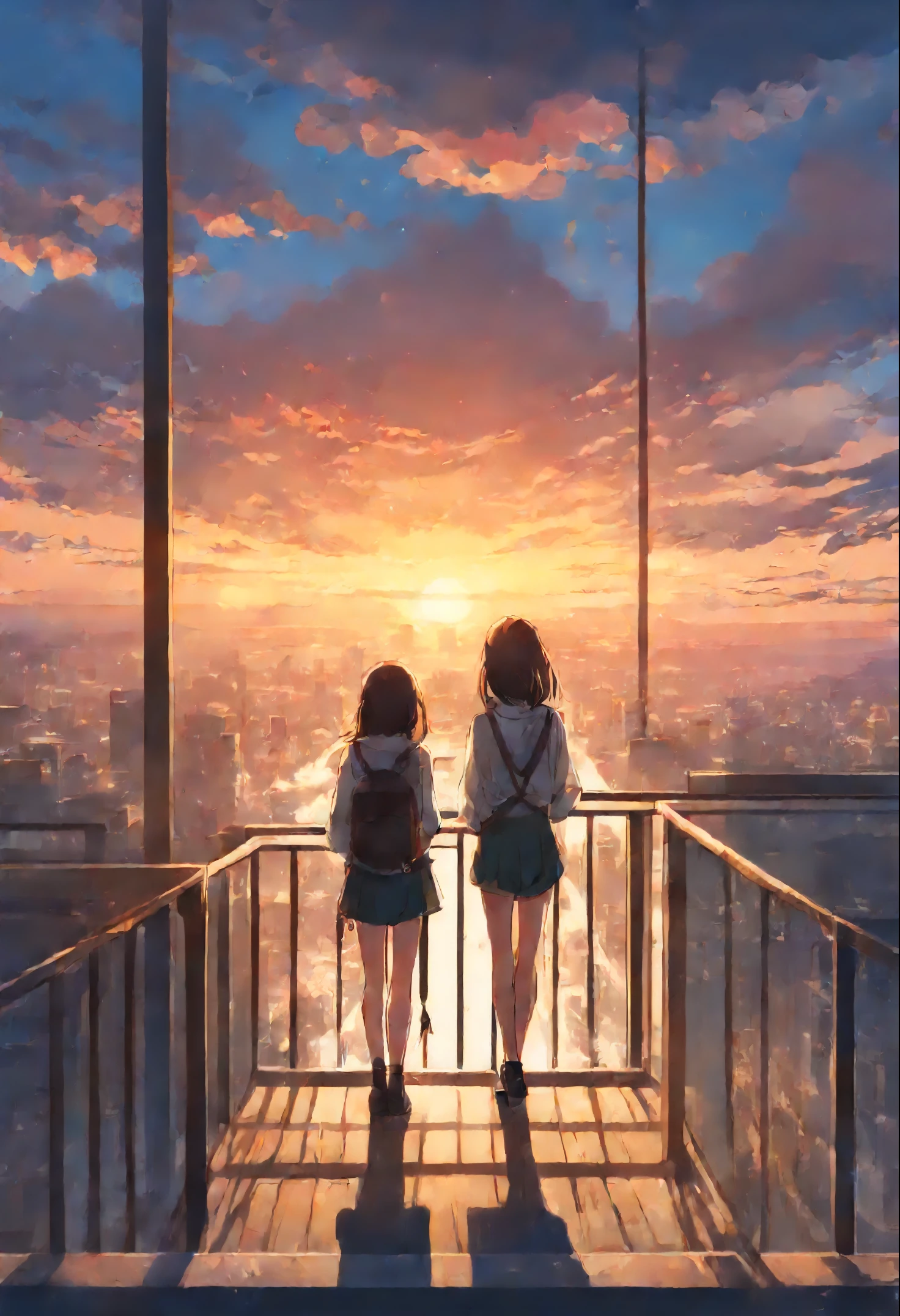 anime couple two girls friends brunette and blonde, standing on a ledge and watching the sunset, clouds and rainbow below, guweiz and makoto sinkai, in style of makoto sinkai, makoto sinkai cyril rolando, sakimichan and makoto sinkai, ross tran and makoto sinkai, ( ( makoto sinkai ) ), style of makoto sinkai