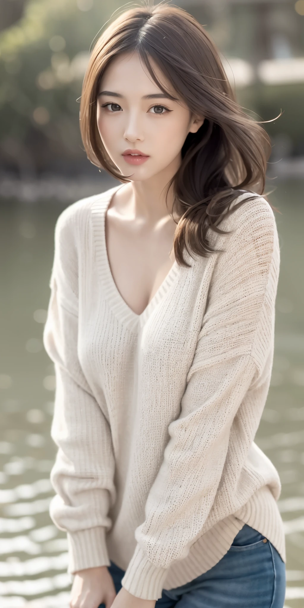 1girl walking on the river, mix4, sweater, pillow, lips, open_mouth, realistic, photo_\(medium\), solo, stuffed_animal, stuffed_toy, teddy_bear,(masterpiece),(photorealistic:1.3), ultra-detailed, (high detailed skin:1.2),(best quality:1.0), (ultra highres:1.0), (ulzzang-6500:0.3), wavy detailed hair, long hair, sunshine, (beautiful detailed makeup), (sexually aroused blushing heavy breathing:1.0), floral theme flower petals scattered, (soft glow bloom:0.5)