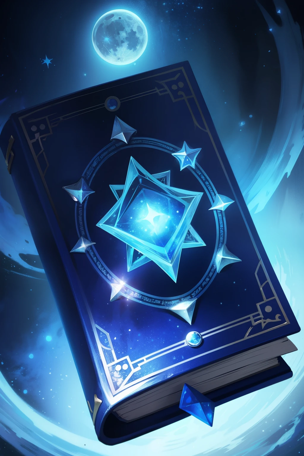 magic grimore, book of the night, beautiful blue circle, jewel, runes inscribed on the spine, silver and blue, magic, fantasy, magic book, abyss magic, space stars, black, moon phases on book