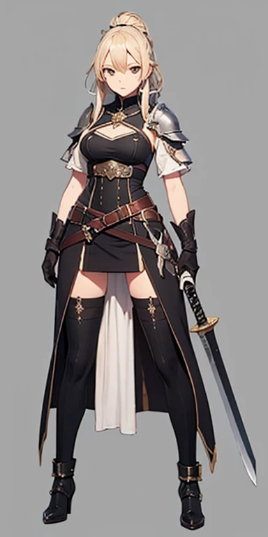 (((Best Quality))) , ((full body)), female, reference sheet, solo, (white background), holding sword, gloves, waist armor, thigh high, side slit short skirt,