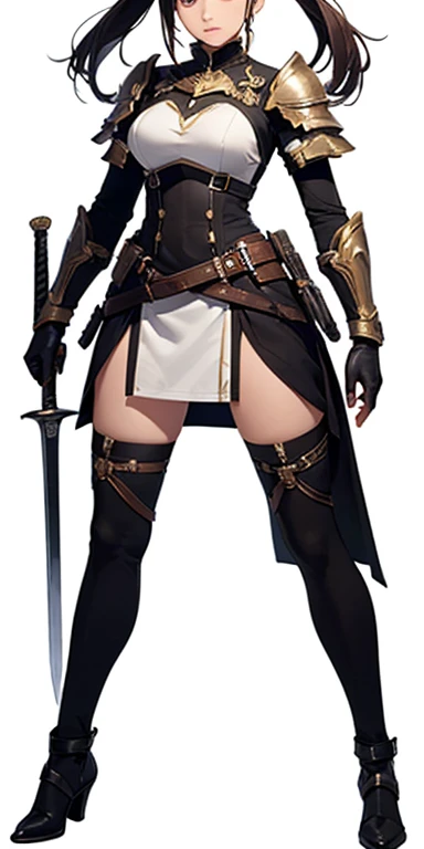 (((Best Quality))) , ((full body)), female, reference sheet, solo, (white background), holding sword, gloves, waist armor, thigh high, side slit short skirt,
