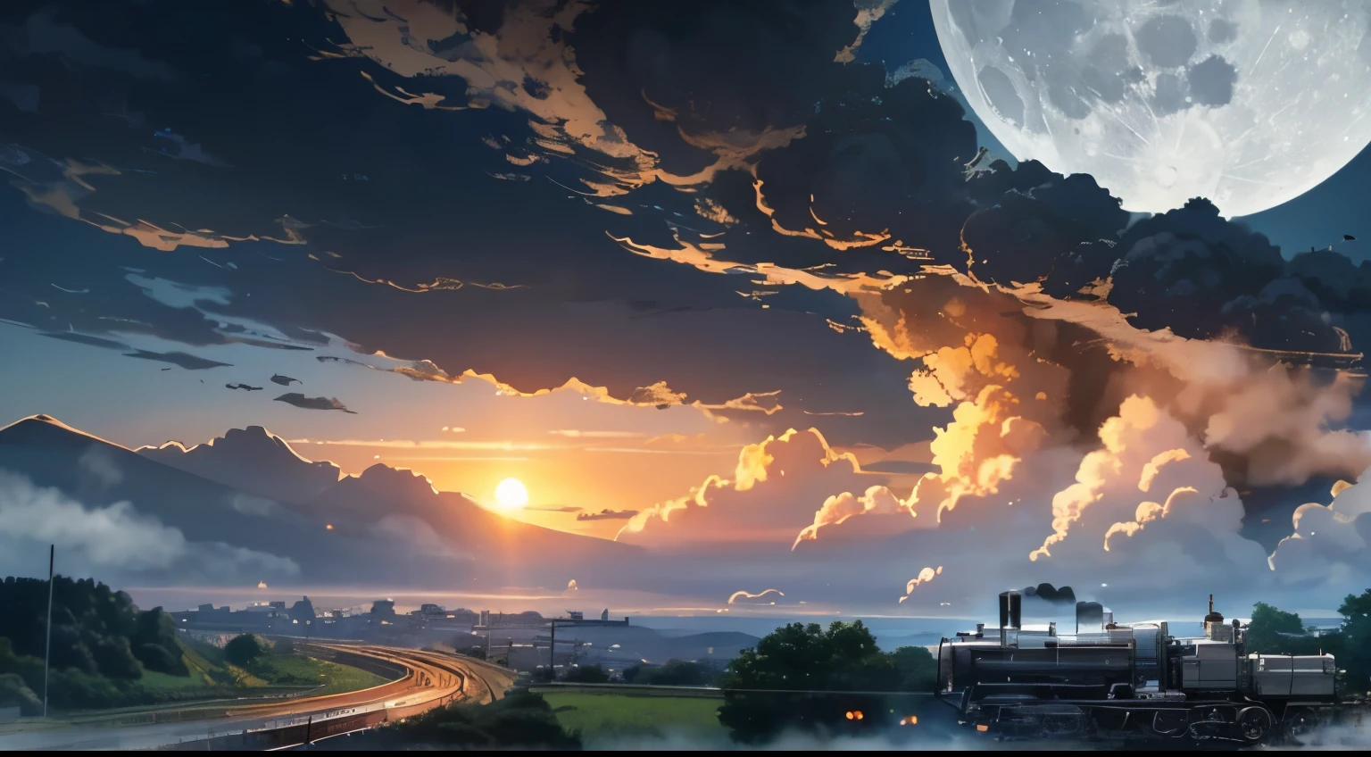 There was smoke in the center of the locomotive、headlight、Japan countryside、cinematic scenery、Guibli、large moon、Clouds,masutepiece,Best quality,Sketch style、