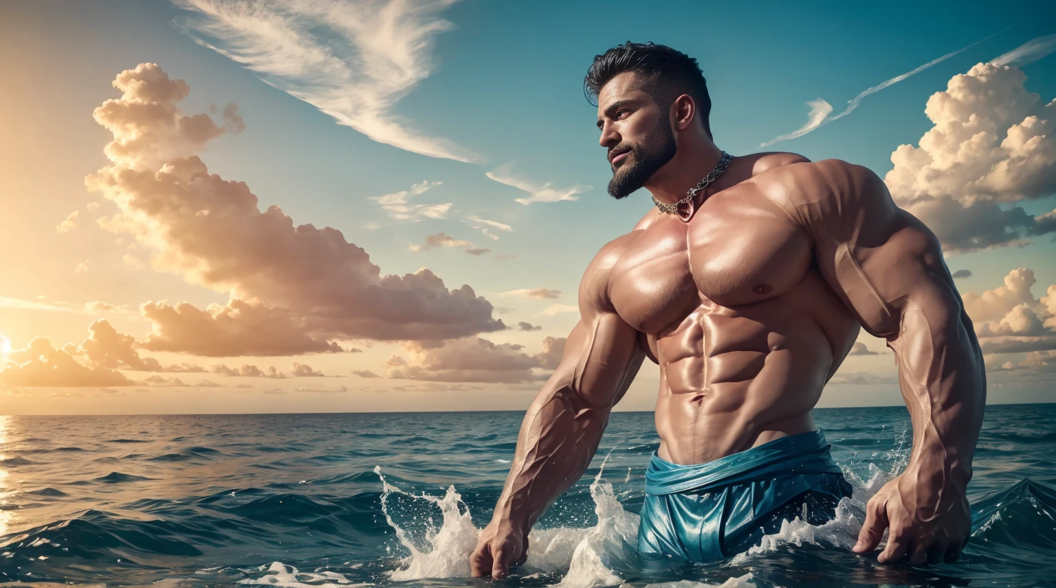 1 European handsome guy、hair detail、eBlue eyes、Eye-clear detailacial detail portrayal、Abs、有lbeard的、Bracers、cloud、多cloud的sky sky、lbeard、horizon、jewely、Long gray hair、Watchmen、malefocus、Masculinity、Monte、Muscle tissue、Muscle tissue男、饱满的chest muscle、六块Abs、粗糙Oh really的皮肤、Oh really质感、choker necklace、the ocean、chest muscle、Oh really、sky sky、the only person、suns、the sunset、涉Eau、(Golden dragon flying in the air)、(Eau面上飞鱼在飞)、(海豚跃出Eau面)、Eau、swell sea、8K、8K Ultra HD resolution、ultra clear details、Nikon camera texture、HD provocative image、wide angles,Poster style、hight contrast、high saturated、High- sharpness