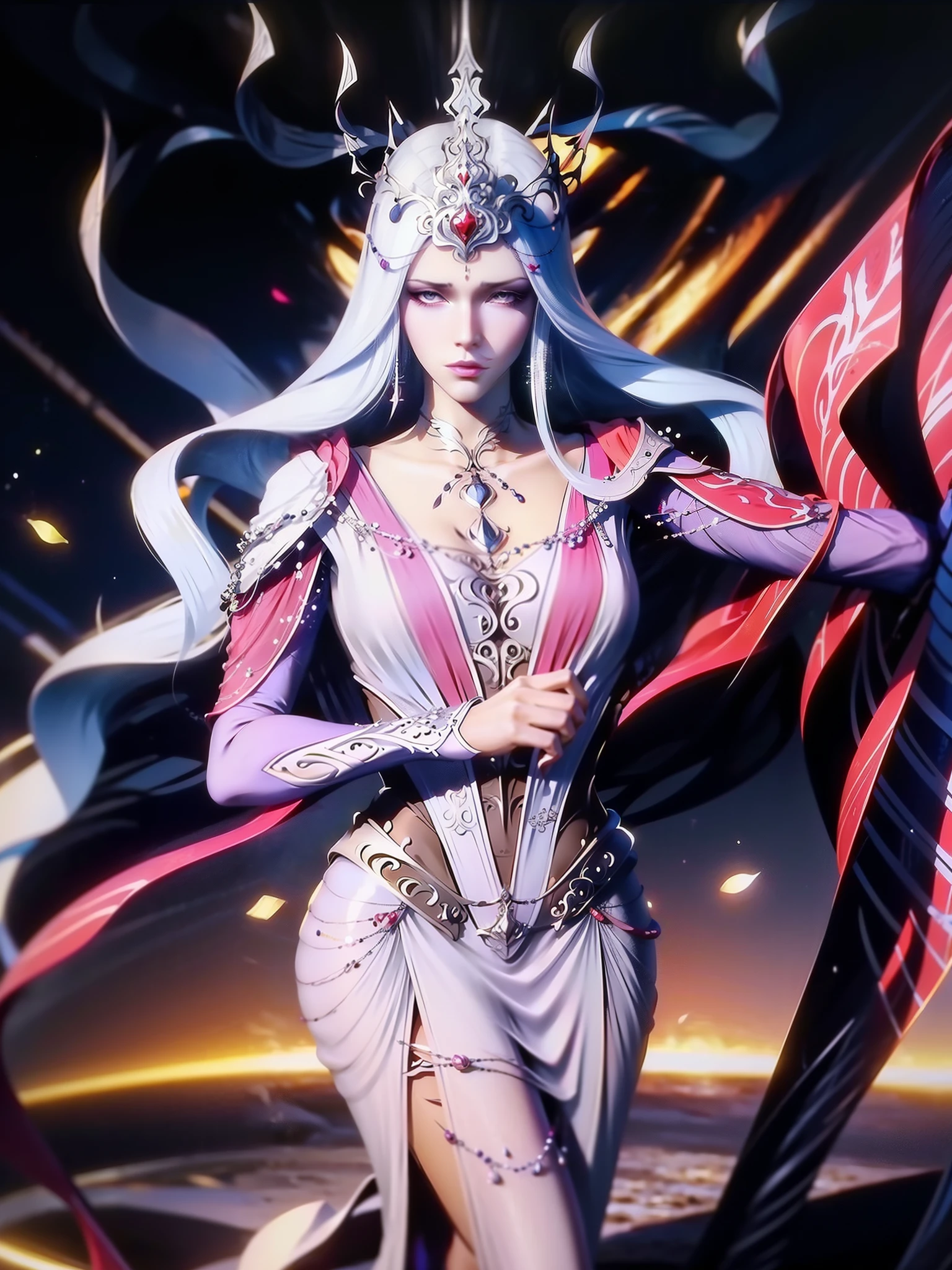 a man in red、Close-up of woman holding fan, guweiz, 8K high quality detail art, beautiful fantasy empress, Popular topics on cgstation, ((beautiful fantasy empress)), Cute anime waifu wearing nice clothes, Ethereal fantasy, full body xianxia, anime goddess, 🌺 CG, fantasy art style, Fantasy costumes