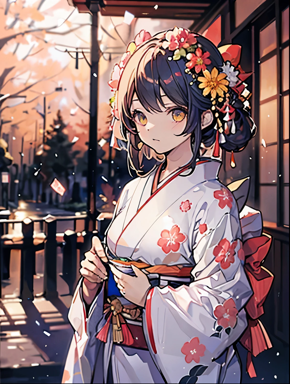 shrines, New Year, Beautiful woman in kimono, chrysanthemum, A Japanese style, the morning sun,