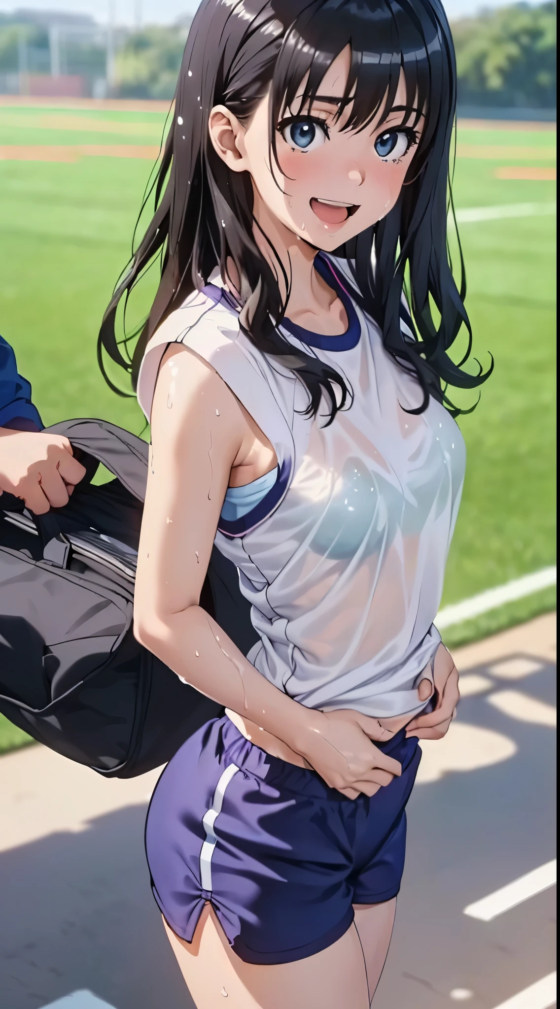 1womanl,Black hair, beautiful breasts,(((Sexy white and blue shiny gym clothes and short cheeks、Smile with open mouth)),(((Satin Narico))),((( portlate))),Crowds,Shiny white gym uniform and blue shorts,Wet with sweat,((athletic field)),((see -through)),outside of house,(((Shiny clothing)))