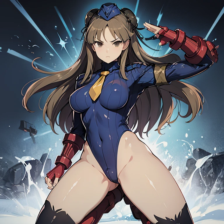 ultra-detailed, Explicit, Beautiful body, Beautiful Nose, Beautiful character design, perfect eyes, perfect face, ultra highres, 4K, beautiful legs, perfect legs, Nice hands, Perfect hand, Masterpiece, Best Quality, Highly detailed, illustration, absurdres, street fighter, doll suit, shadaloo doll, dollsuit, expressionless, blank eyes, looking at viewer, red gloves, emotionless, black latex, corrution, mind control, female combatant, full body, hypnotized, unhappy trance, full body suit, ribbed bodysuit, both arms at side, obey, perfect female body, extremely glossy latex, hypnosis, hypnoLora, empty eyes, Mind control device, poses, submissive_pose, Slave, hat, necktie, stand up straight, standing, standing at attention, hat, necktie, belt, latex, ribbed bodysuit, thighhighs, garter belt, Fighting Stance, extending the right arm from the shoulder into the air with a straightened hand, nazi saluting, military, military saluting, salute, thigh boots, solo, 1girl, brown hair, long hair, brown eyes, bun, renka, senran kagura