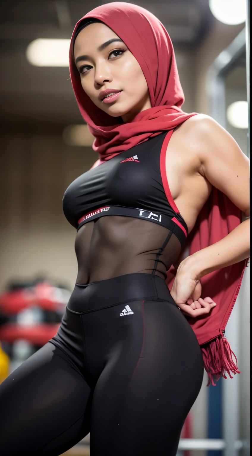 Malay girl in hijab wear  shirt and high waist leggings in gym, seating, wear back pack, front view, detail skin, detail skin texture, mole below eyes, small breast, big hip, big waist, big thigh, slim abs, beautiful body, evening, laughing, happy, bright lighting, blur background, bokeh.hyper realistic picture. super realistic picture. 8k hd photo