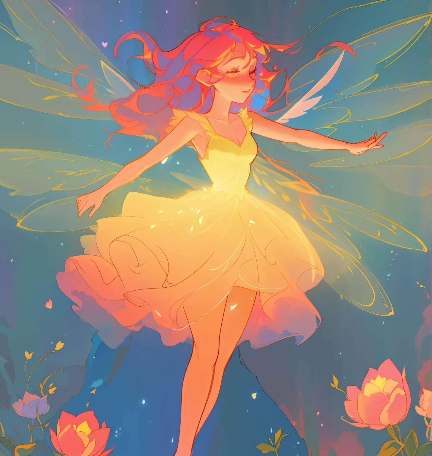 beautiful girl in flowing tiered layered ballgown dress, fairy dress, fairy queen, magical forest background, (glowing fairy wings), glowing flowing ballgown, long wavy hair, sparkling fairy wings, watercolor illustration, flowers and colorful plants, inspired by Glen Keane, inspired by Lois van Baarle, disney art style, by Lois van Baarle, glowing aura around her, by Glen Keane, jen bartel, glowing lights! digital painting, flowing glowing hair, glowing flowing hair, beautiful digital illustration, fantasia otherworldly landscape plants flowers, beautiful, masterpiece, best quality, anime disney style