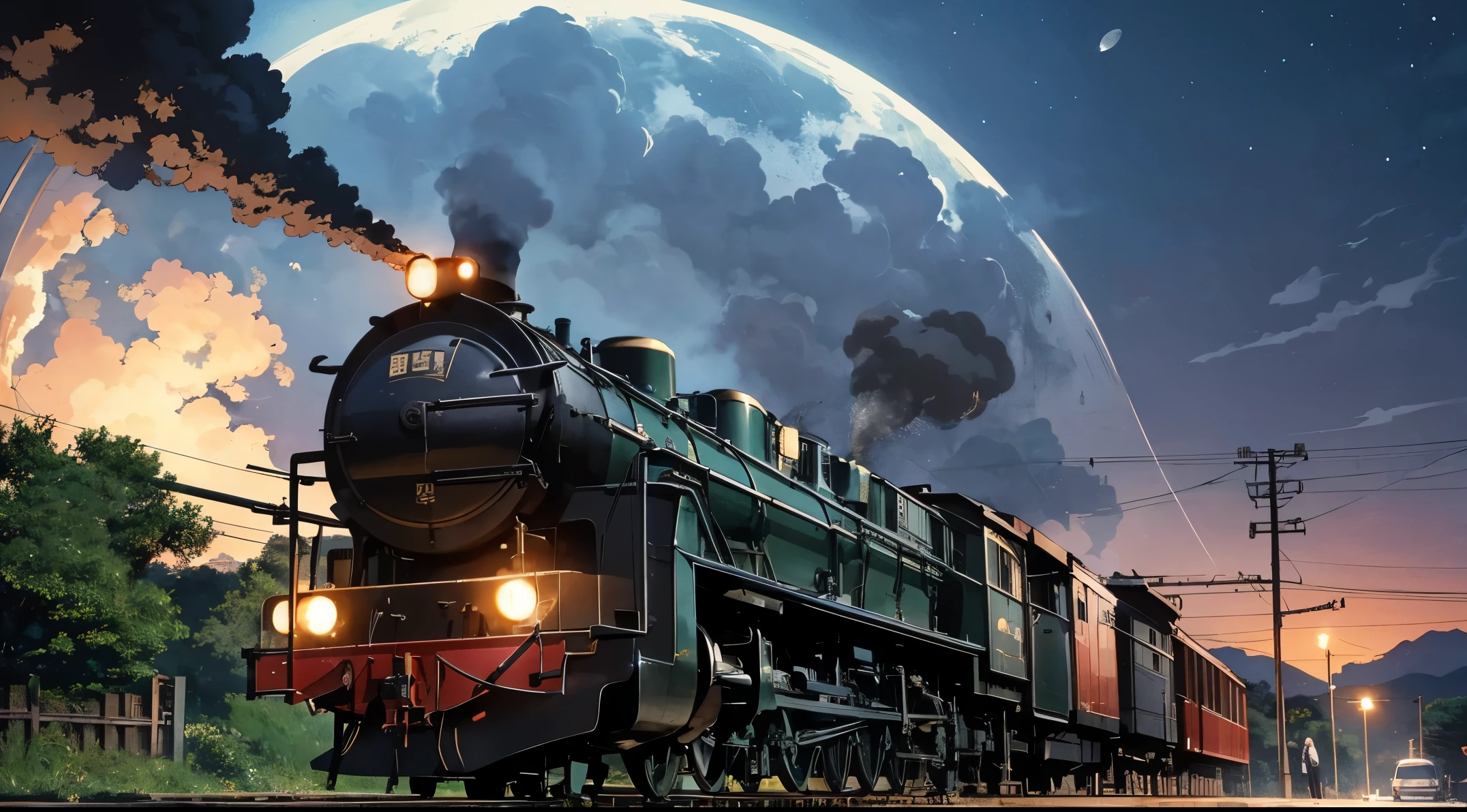 There was smoke in the center of the locomotive、headlight、Japan countryside、cinematic scenery、Guibli、large moon、Clouds,masutepiece,Best quality,Sketch style、