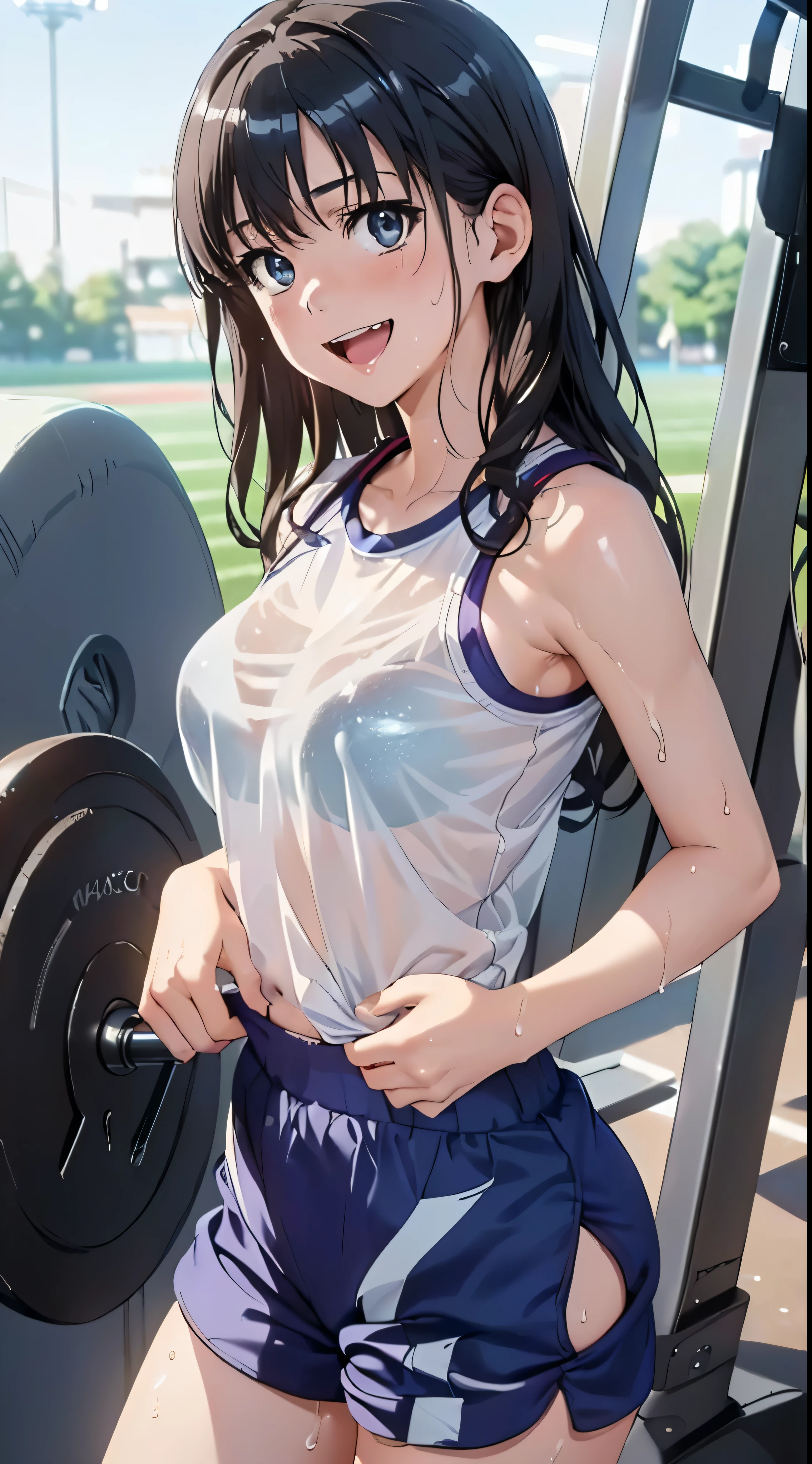 1womanl,Black hair, beautiful breasts,(((Sexy white and blue shiny gym clothes and short cheeks、Smile with open mouth)),(((Satin Narico))),((( portlate))),Crowds,Shiny white gym uniform and blue shorts,Wet with sweat,((athletic field)),((see -through)),outside of house,(((clothes shiny)))