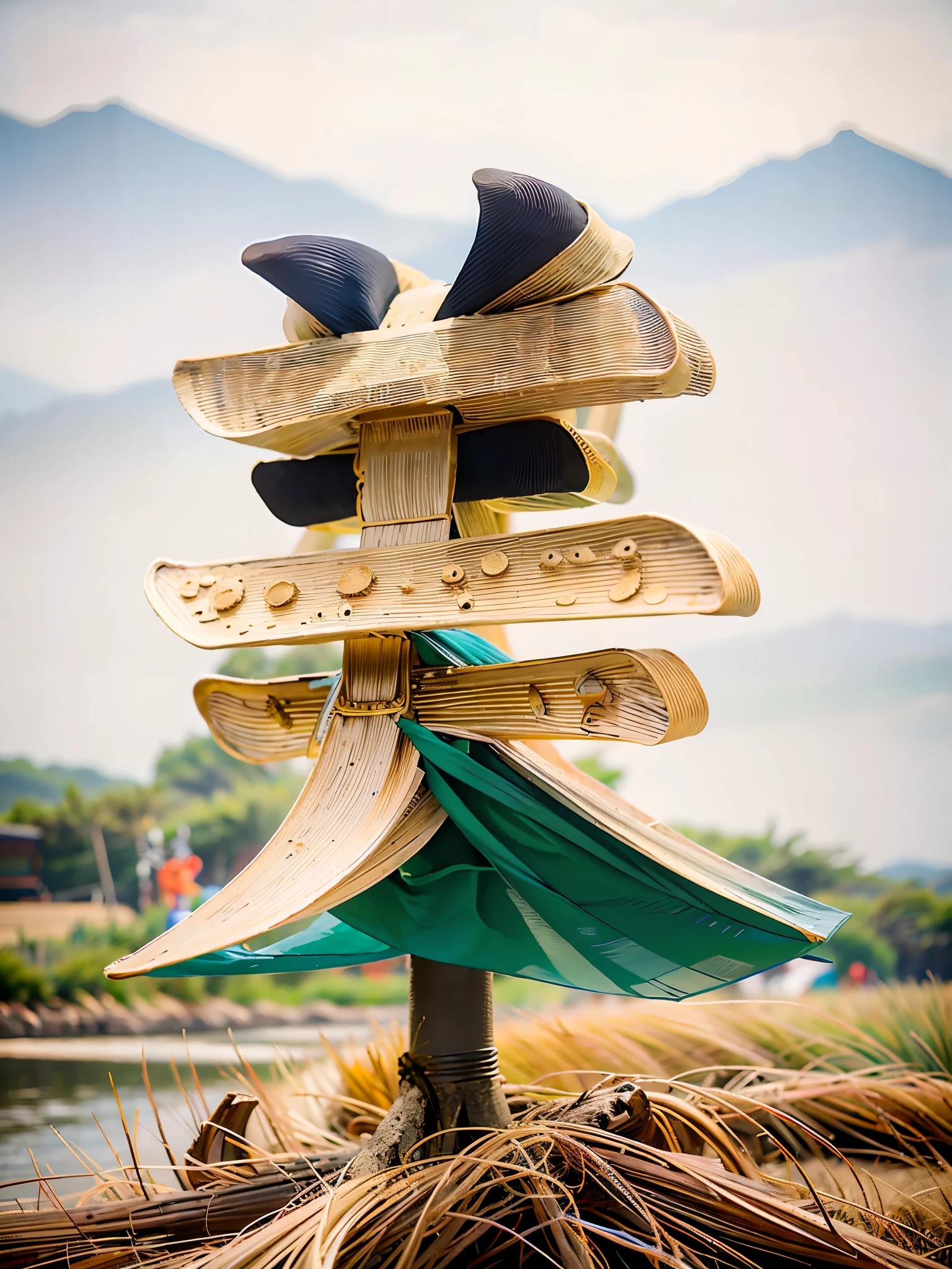 In the distance there is a river beach, rice fields, wheat, reeds, riverside, bamboo forest path on the bank, bamboo forest path standing, highest picture quality