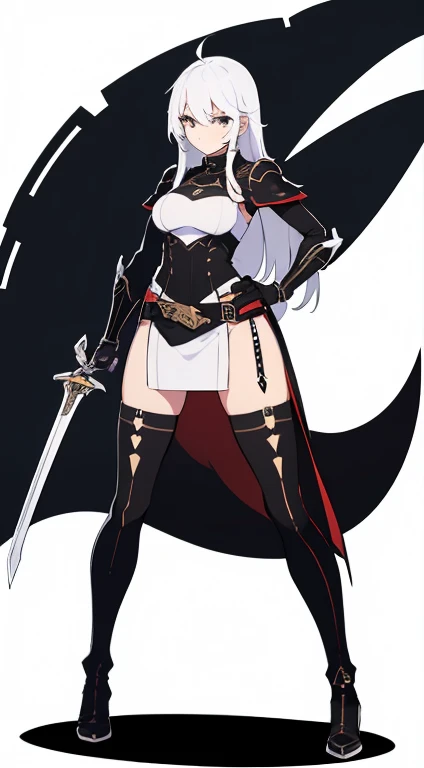 (((Best Quality))) , ((full body)), female, reference sheet, solo, (white background), holding sword, gloves, waist armor, thigh high, side slit trench skirt,,