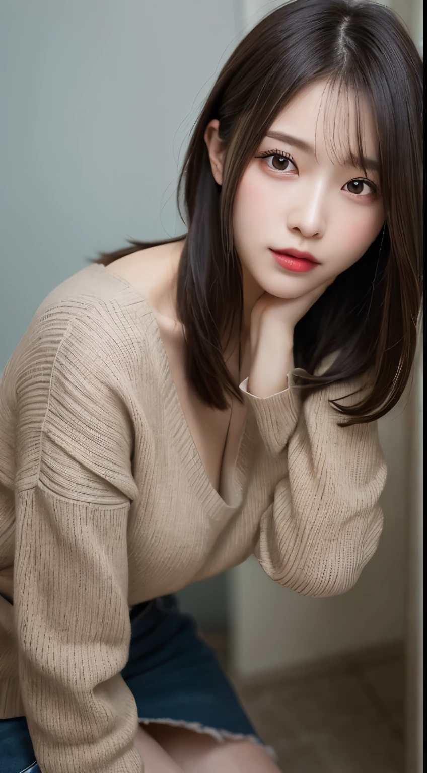 finely detail, hight resolution, hightquality、Perfect dynamic composition, Beautiful detailed eyes, Medium Hair, small tits、Natural Color Lip,Kamimei、Shibuya、20 years girl、1 persons、Transparent skin、Glowing hair、masutepiece, Best Quality, Illustration, Ultra-detailed, finely detail, hight resolution, 8K、The correct state of the human body、Crouch down、pretty pose,dishevled hair,beauty legs,Perfect beautiful face,KPOP Idol Face,Face that feels ???????,Pale light brown sweater(a miniskirt),Background blur,Do Guts Pose