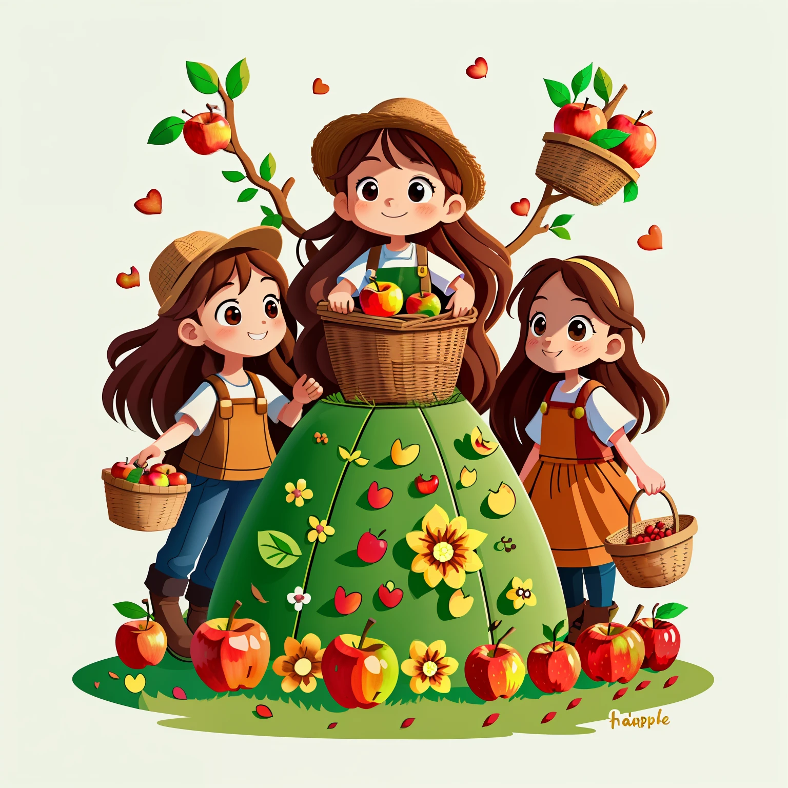 A group of girls with long brown hair,A bumper harvest in farm clothes,apple harvest(orchard)(orchard)in the early morning,(There is love)Happy,Surrounded by love,Surrounded by love,O sign,vector,line art,designs,inspiration,straight line,RHAD