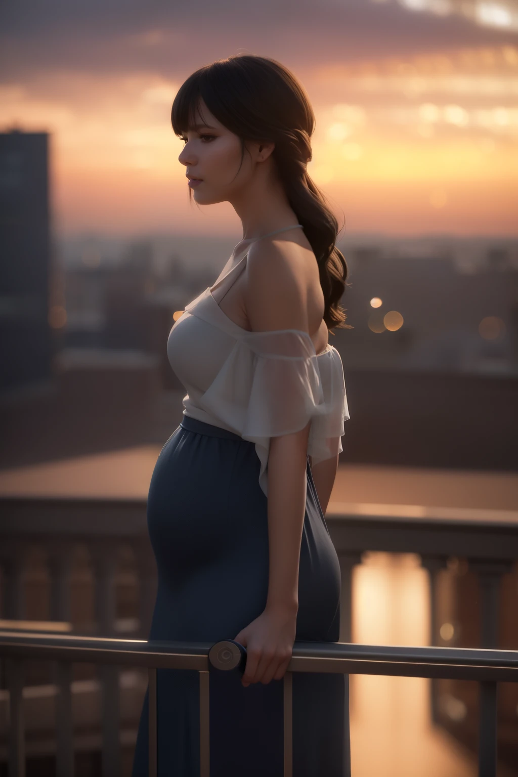 Pregnant woman stands on a balcony overlooking the city at sunset, elegant cinematic pose, 8K Lighting, makoto sinkai. Octane Render, soft portrait shot 8 k, cinematic soft lighting, realistic 4k digital art, realistic 4k digital art, unreal engine rendering + a goddess, soft cinematic lighting, Beautiful realistic photo, realistic afternoon lighting, 8k portrait rendering