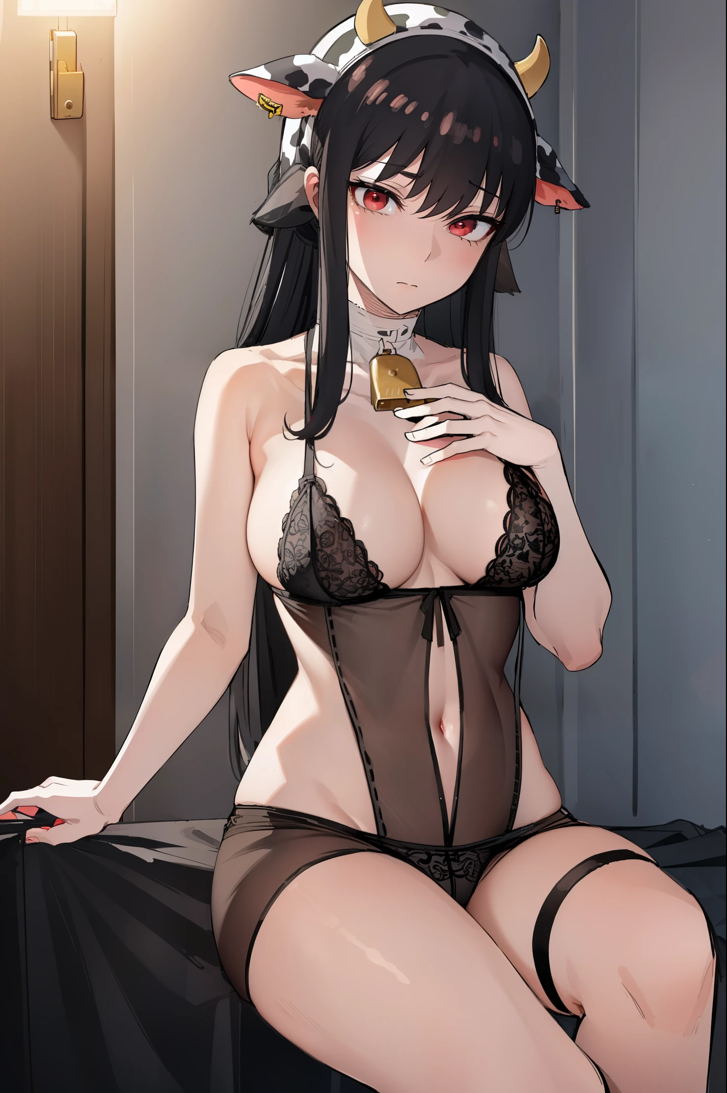 Jobria Ratatata, Heather Rose Tartare, through bangs, side locks, shairband, (red eyes:1.5), black hair color hair,
broken cleavage, of shoulders, scantily clad, 鎖骨, , underwear only, scantily clad,
BREAK indoors, bunk,
BREAK LOOKS AT THE AUDIENCE, (cow boy shooting:1.5),
off and on (tmasterpiece:1.2), Best quality, A high resolution, Unity8k wallpaper, (illuminations:0.8), (beautidful eyes:1.6), Extremely detailed face, perfect litthing, extremely detremely detailed CG, (Perfect hands, perfect anatomia),sitted,Open the legs