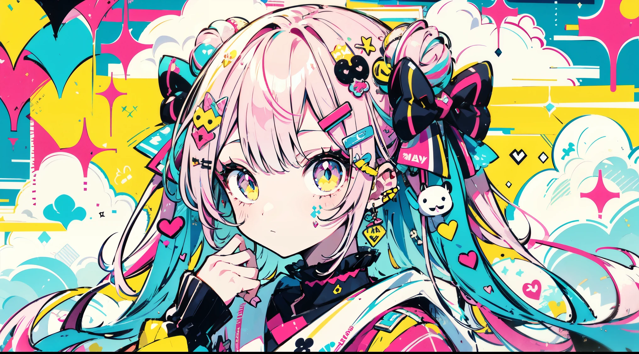 "kawaii, Cute, Adorable girl in pink, yellow, and baby red color scheme. She wears sky-themed clothing with clouds and sky motifs. Her outfit is fluffy and soft, With decora accessories like hair clips. She embodies a vibrant and trendy Harajuku fashion style."