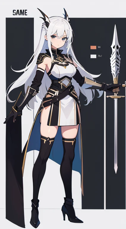 (((Best Quality))) , ((full body)), female, reference sheet, solo, (white background), holding sword, gloves, waist armor, thigh high, side slit trench skirt,,