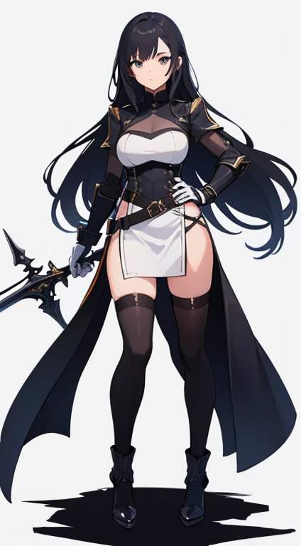 (((Best Quality))) , ((full body)), female, reference sheet, solo, (white background), holding sword, gloves, waist armor, thigh high, side slit trench skirt,,