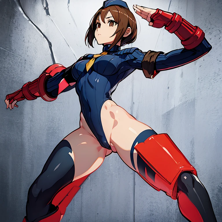 ultra-detailed, Explicit, Beautiful body, Beautiful Nose, Beautiful character design, perfect eyes, perfect face, ultra highres, 4K, beautiful legs, perfect legs, Nice hands, Perfect hand, Masterpiece, Best Quality, Highly detailed, illustration, absurdres, street fighter, doll suit, shadaloo doll, dollsuit, expressionless, blank eyes, looking at viewer, red gloves, emotionless, black latex, corrution, mind control, female combatant, full body, hypnotized, unhappy trance, full body suit, ribbed bodysuit, both arms at side, obey, perfect female body, extremely glossy latex, hypnosis, hypnoLora, empty eyes, Mind control device, poses, submissive_pose, Slave, hat, necktie, stand up straight, standing, standing at attention, hat, necktie, belt, latex, ribbed bodysuit, thighhighs, garter belt, Fighting Stance, extending the right arm from the shoulder into the air with a straightened hand,  saluting, military, military saluting, salute, thigh boots, solo, 1girl, rown hair, medium hair, brown eyes, hirasawa yui, visor, k-on