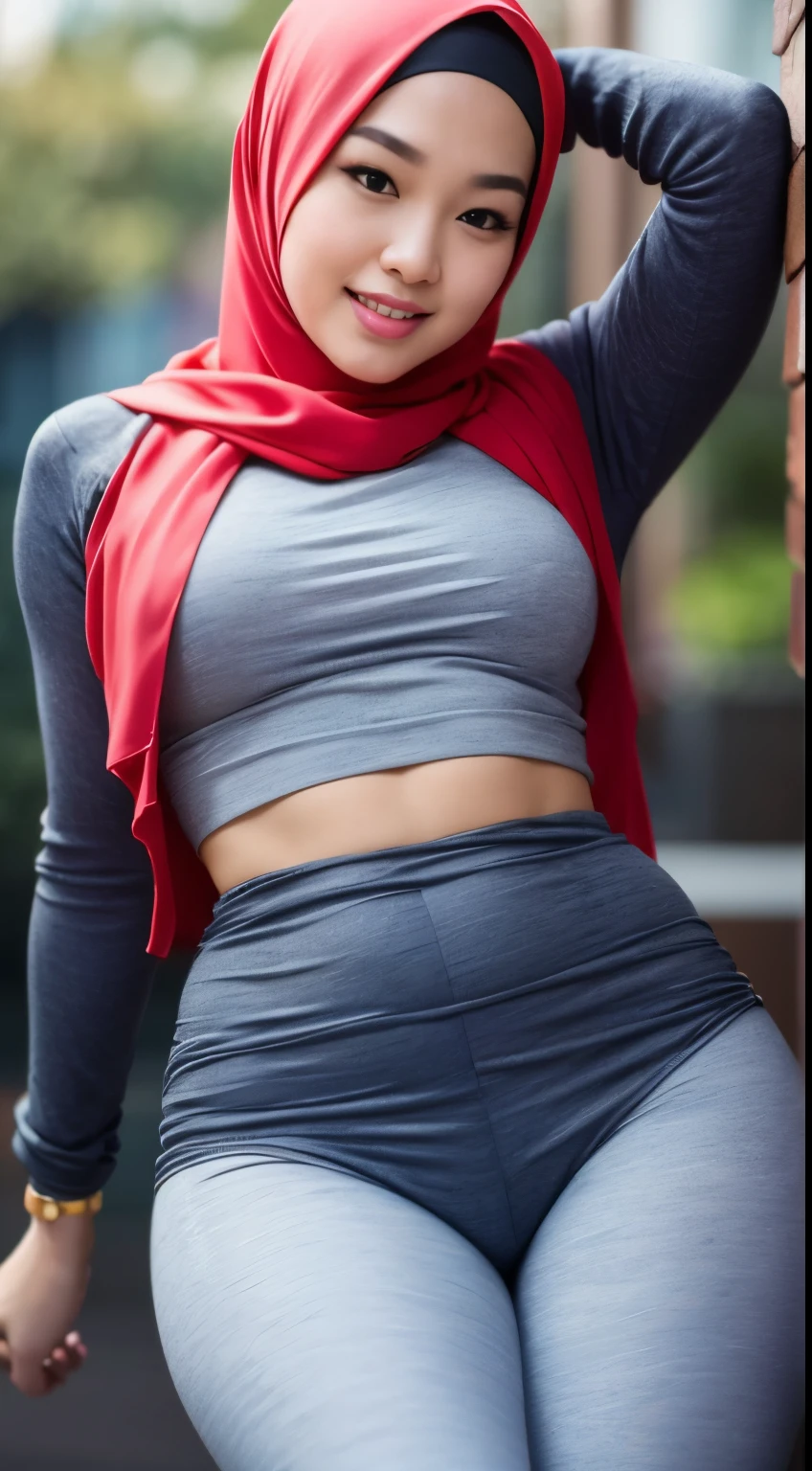 Malay girl 30 years old,in hijab wear shirt and high waist leggings in gym, seating, wear back pack, front view, detail skin, detail skin texture, mole below eyes, small breast, big hip, big waist, big thigh, slim abs, beautiful body, evening, laughing, happy, bright lighting, blur background, bokeh.hyper realistic picture. super realistic picture. 8k hd photo